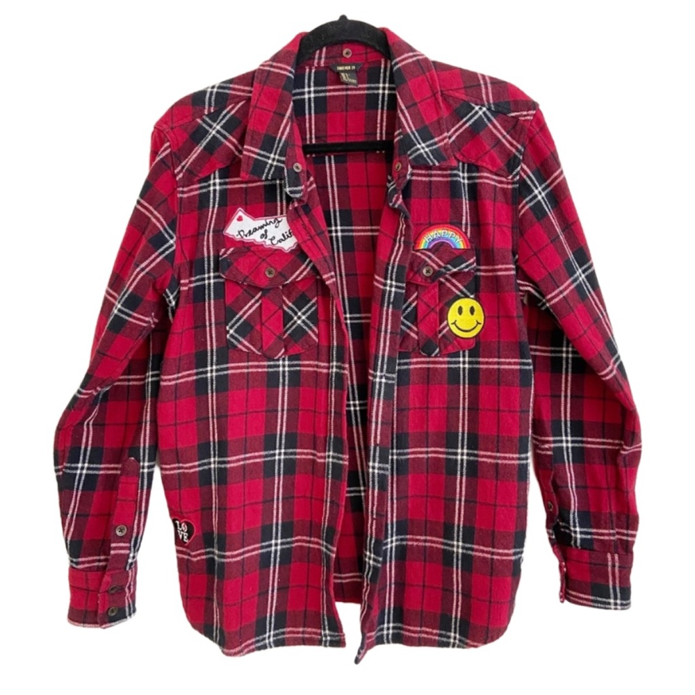 Forever 21 Thick Red Black Plaid Flannel Patches L